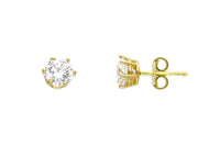 18K YELLOW GOLD STUD EARRINGS WHITE 6mm CUBIC ZIRCONIA, 6 PRONG, SOLITAIRE.