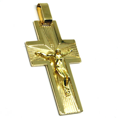 SOLID 18K YELLOW GOLD BIG 42mm FLAT CROSS, WORKED SATIN & SMOOTH WITH JESUS.