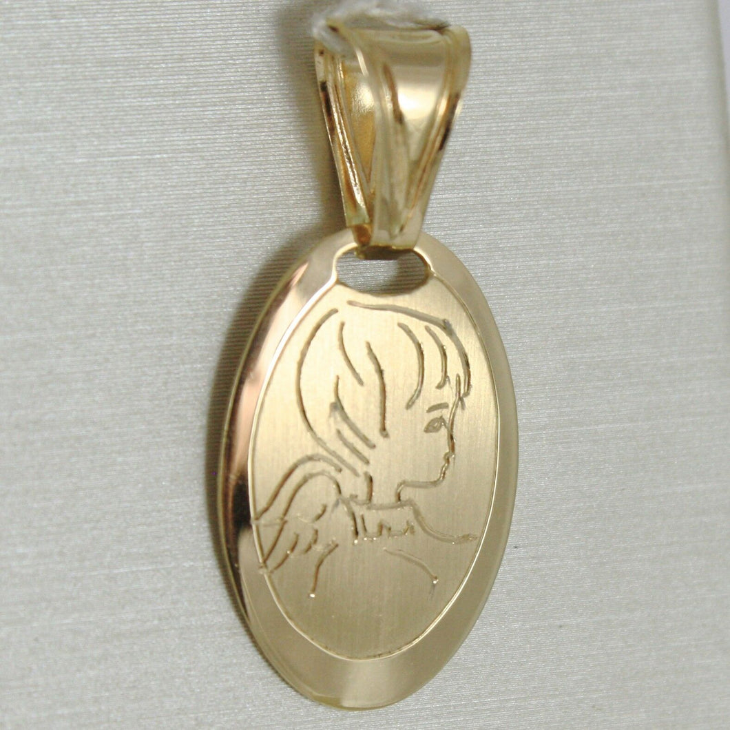 SOLID 18K YELLOW GOLD PENDANT OVAL MEDAL, SATIN GUARDIAN ANGEL, MADE IN ITALY