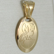 SOLID 18K YELLOW GOLD PENDANT OVAL MEDAL, SATIN GUARDIAN ANGEL, MADE IN ITALY.