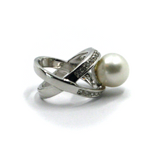 Load image into Gallery viewer, 18k white gold doble crossed ring, big australian 12mm pearl and diamonds frame.
