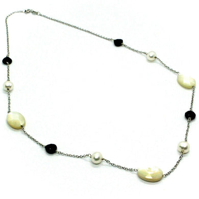 18k white gold necklace alternate pearl, oval mother of pearl, spinel rolo chain.