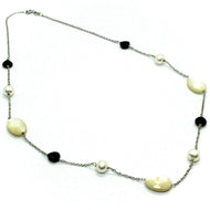 18k white gold necklace alternate pearl, oval mother of pearl, spinel rolo chain.