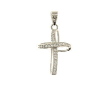 Load image into Gallery viewer, 18K WHITE GOLD 13mm ONDULATE FLOWER CROSS WITH WHITE ROUND CUBIC ZIRCONIA.
