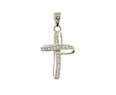 18K WHITE GOLD 13mm ONDULATE FLOWER CROSS WITH WHITE ROUND CUBIC ZIRCONIA.