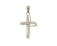 18K WHITE GOLD 13mm ONDULATE FLOWER CROSS WITH WHITE ROUND CUBIC ZIRCONIA.