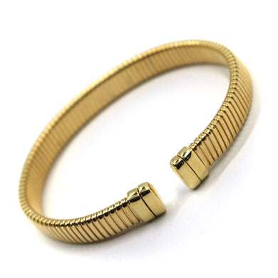 18k yellow gold bracelet, semirigid, elastic, flexible, 9mm striped bangle flat.