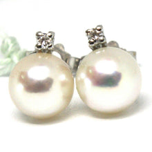 Load image into Gallery viewer, 18k white gold earrings with white round akoya pearls 7.5 mm and diamonds
