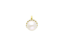 Load image into Gallery viewer, 18k yellow gold pendant charm round freshwater white pearl 6 mm cubic zirconia.
