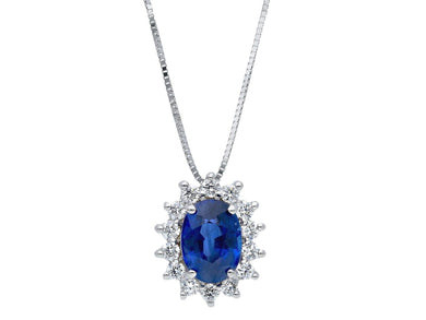 18k white gold necklace oval 0.80 sapphire diamonds frame pendant venetian chain.