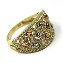 Load image into Gallery viewer, SOLID 18K YELLOW WHITE ROSE GOLD BAND RING WITH CUBIC ZIRCONIA, FACETED BALLS.
