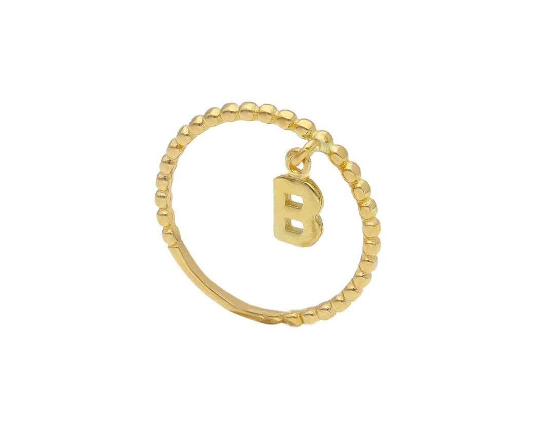 18K YELLOW GOLD RING, SMALL 1mm SQUARES WIRE AND 5mm LETTER INITIAL B PENDANT.