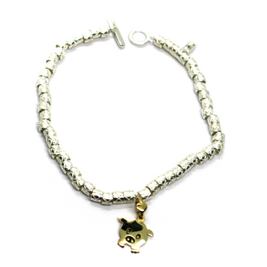925 STERLING SILVER CUBES BRACELET 9K YELLOW GOLD 12mm PUPPY PIG PENDANT.