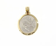 18K YELLOW WHITE GOLD PENDANT OVAL MEDAL PRAYING ANGEL ENGRAVABLE MADE IN ITALY.