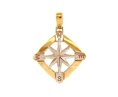18k yellow white gold compass wind rose rhombus pendant, diameter 20mm 0.8