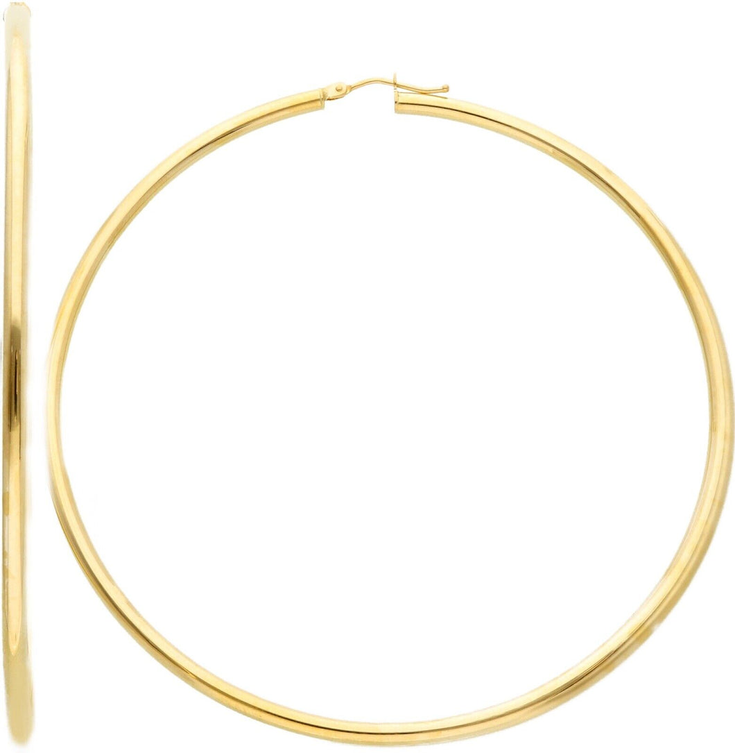 18k yellow gold round circle hoops earrings internal diameter 70mm, width 2.5mm.