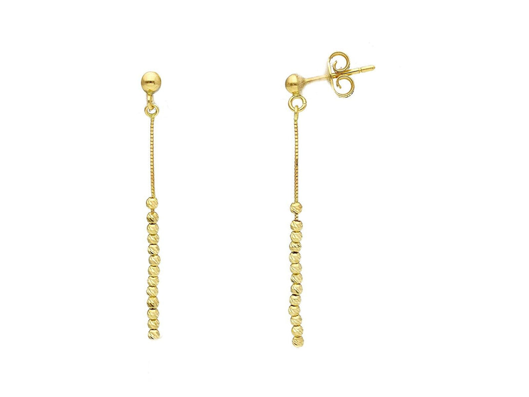 18K YELLOW GOLD PENDANT EARRINGS, SMALL 1.5mm SPHERES FACETED BALLS, LENGTH 40mm.