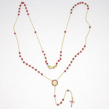 Load image into Gallery viewer, 18k yellow gold rosary necklace, faceted red ruby root, Cross &amp; miraculous medal.
