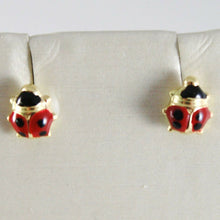 Load image into Gallery viewer, 18k yellow gold earrings mini 5mm glazed ladybird ladybug for kids made in Italy.
