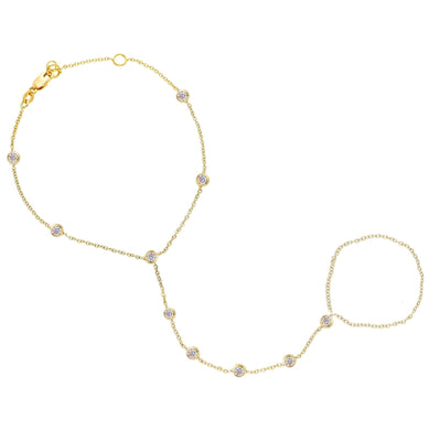 18K YELLOW GOLD CHAIN BRACELET HAND KISS FINGER RING HARNESS, CUBIC ZIRCONIA.