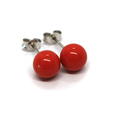 18k white gold 8mm spheres intense red reconstructed coral button earrings.