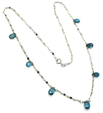 18k white gold necklace drop faceted london topaz, oval alternate bright chain.