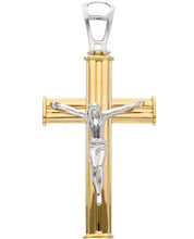 Load image into Gallery viewer, 18K YELLOW WHITE GOLD STRIPED SMOOTH CROSS PENDANT, WITH JESUS CHRIST, BIG 40mm.
