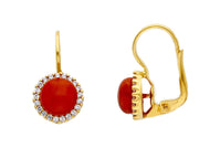 18K YELLOW GOLD CABOCHON RED CORAL 20mm PENDANT EARRINGS, CUBIC ZIRCONIA FRAME.