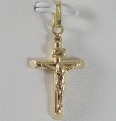 18K YELLOW GOLD CROSS WITH JESUS, ROUNDED TUBE, SHINY 1.22 INCHES, MADE IN ITALY.