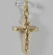 18K YELLOW GOLD CROSS WITH JESUS, ROUNDED TUBE, SHINY 1.22 INCHES, MADE IN ITALY.