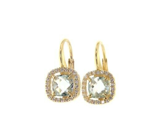 18K YELLOW GOLD LEVERBACK EARRINGS CUSHION BLUE TOPAZ AND CUBIC ZIRCONIA FRAME