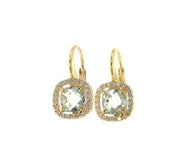 18k yellow gold leverback earrings cushion blue topaz and cubic zirconia frame.