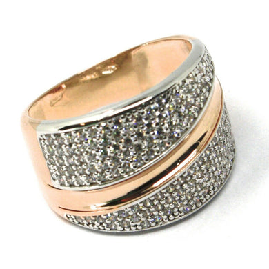 SOLID 18K ROSE WHITE GOLD BAND RING, ALTERNATE DOUBLE WAVES OF CUBIC ZIRCONIA.