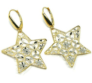 18K YELLOW WHITE GOLD PENDANT EARRINGS ONDULATE WORKED STAR, SHINY, STRIPED.