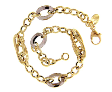 18K YELLOW WHITE GOLD BRACELET ALTERNATE OVALS CIRCLES RHOMBUS, 19cm, 7.5