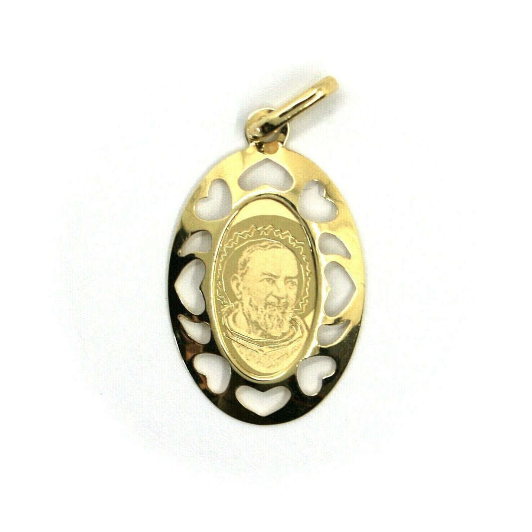 18K YELLOW OVAL WITH HEARTS GOLD MEDAL 23mm SAINT PIO OF PIETRELCINA, ITALY MADE