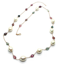 Load image into Gallery viewer, 18k rose gold long necklace rolo chain, big 12mm pearls &amp; tourmaline drops 26.7&quot;
