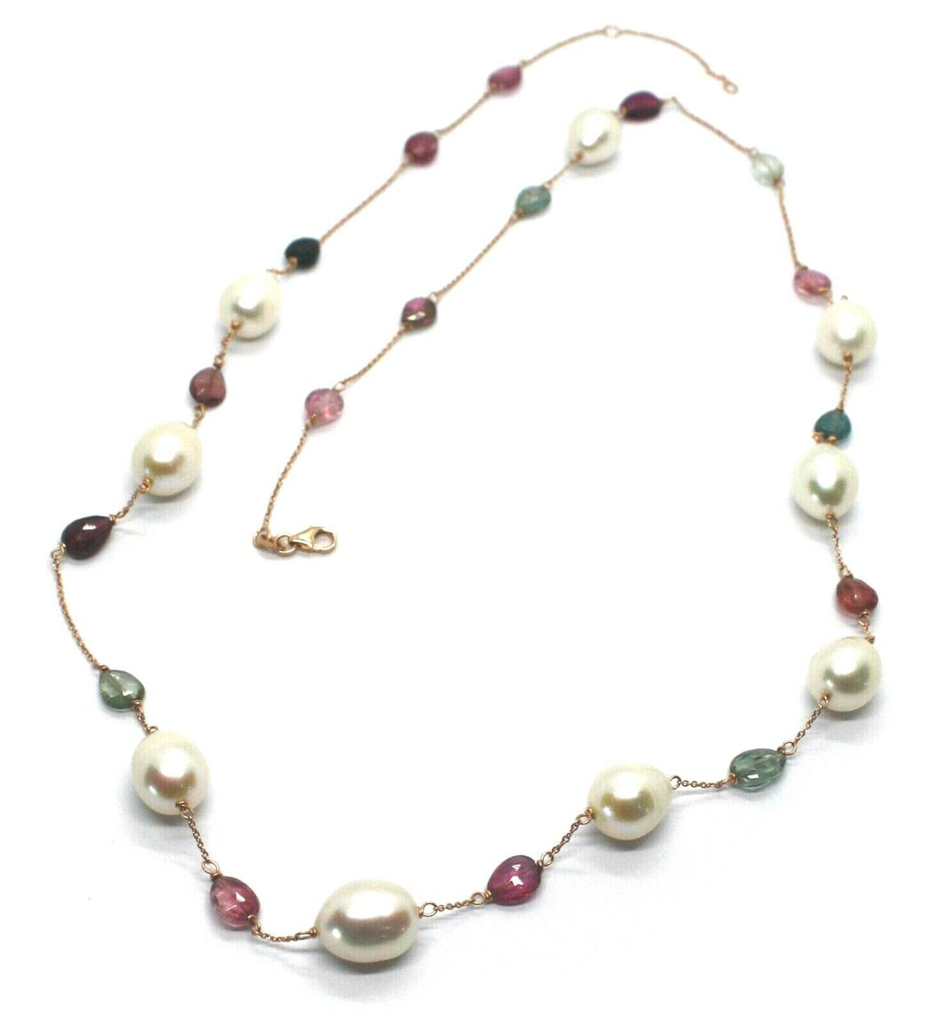 18k rose gold long necklace rolo chain, big 12mm pearls & tourmaline drops 26.7