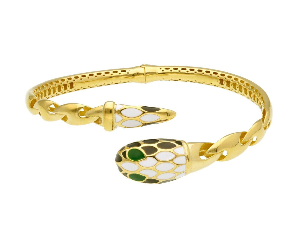 18K YELLOW GOLD BANGLE RIGID BRACELET WITH WHITE BLACK AND GREEN ENAMEL SNAKE.