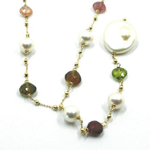 Load image into Gallery viewer, 18k yellow gold 17.3&quot; 44cm necklace faceted tourmaline drops pearls, balls chain
