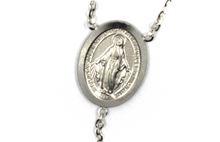 Load image into Gallery viewer, 18k white gold rosary necklace miraculous medal Jesus cross, diamond cut spheres.
