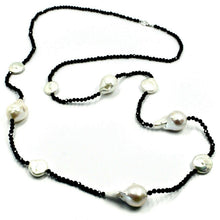 Load image into Gallery viewer, 18k white gold long 35&quot; 90cm necklace faceted black spinel big drop disc pearls.
