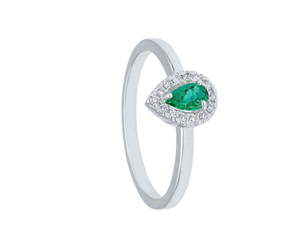 solid 18k white gold ring with drop cut emerald 0.17 carats and diamonds frame.
