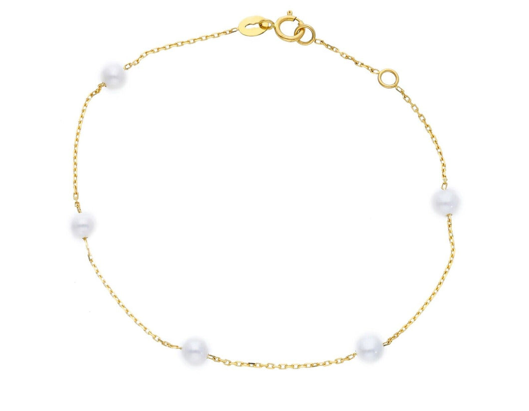 18k yellow gold bracelet, cable oval chain alternate white small pearls 4-4.5mm.
