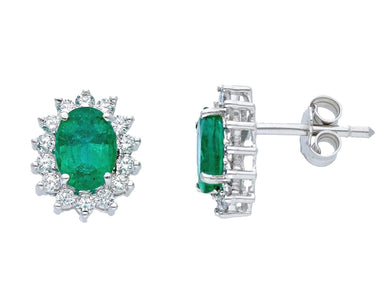 18k white gold earrings oval 1.35ct emeralds & diamonds frame, 11mm length.