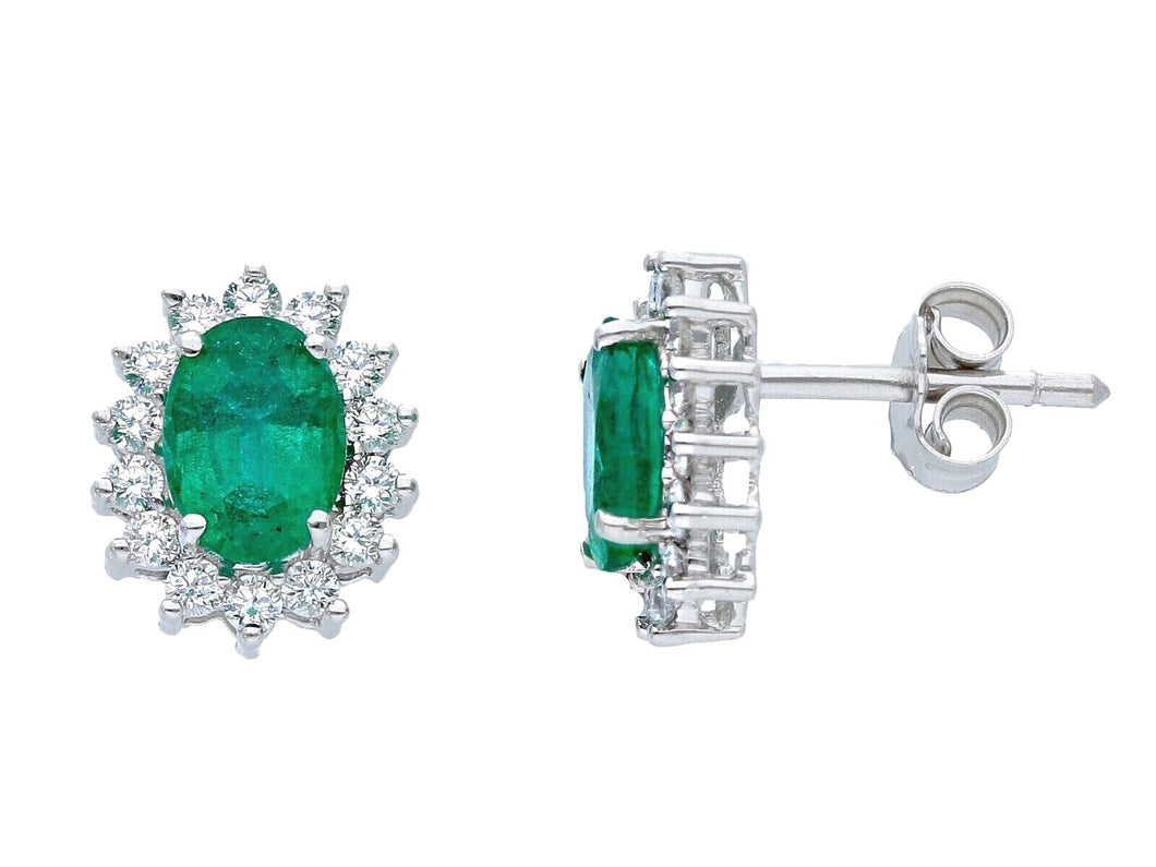 18k white gold earrings oval 1.35ct emeralds & diamonds frame, 11mm length.