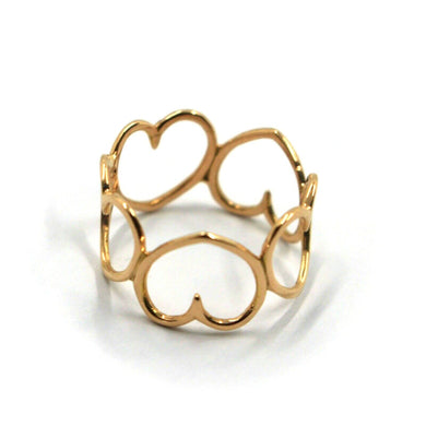 SOLID 18K ROSE GOLD BAND WIRE RING, ROW OF 10mm HEARTS, HEART, MADE IN ITALY.