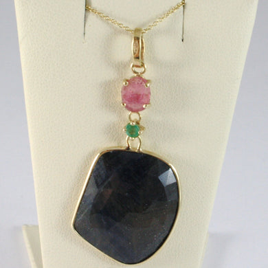 9k yellow gold necklace and pendant, round blue and oval pink sapphire, peridot.
