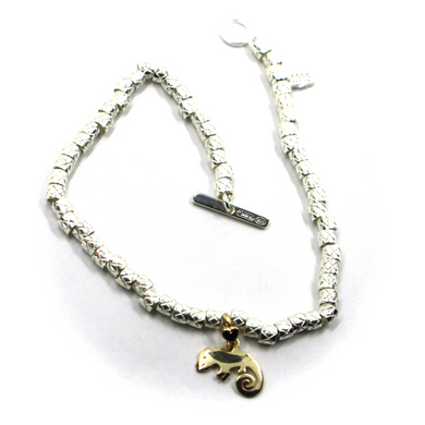 925 STERLING SILVER TUBES CUBES BRACELET, 9K YELLOW GOLD 10mm CHAMELEON PENDANT.