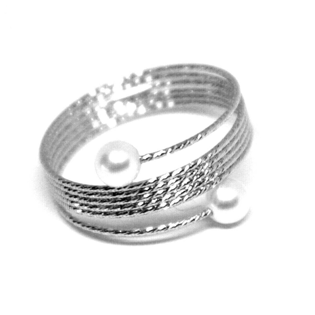 18k white gold Magicwire band ring, elastic worked multi wires, pearls, snake